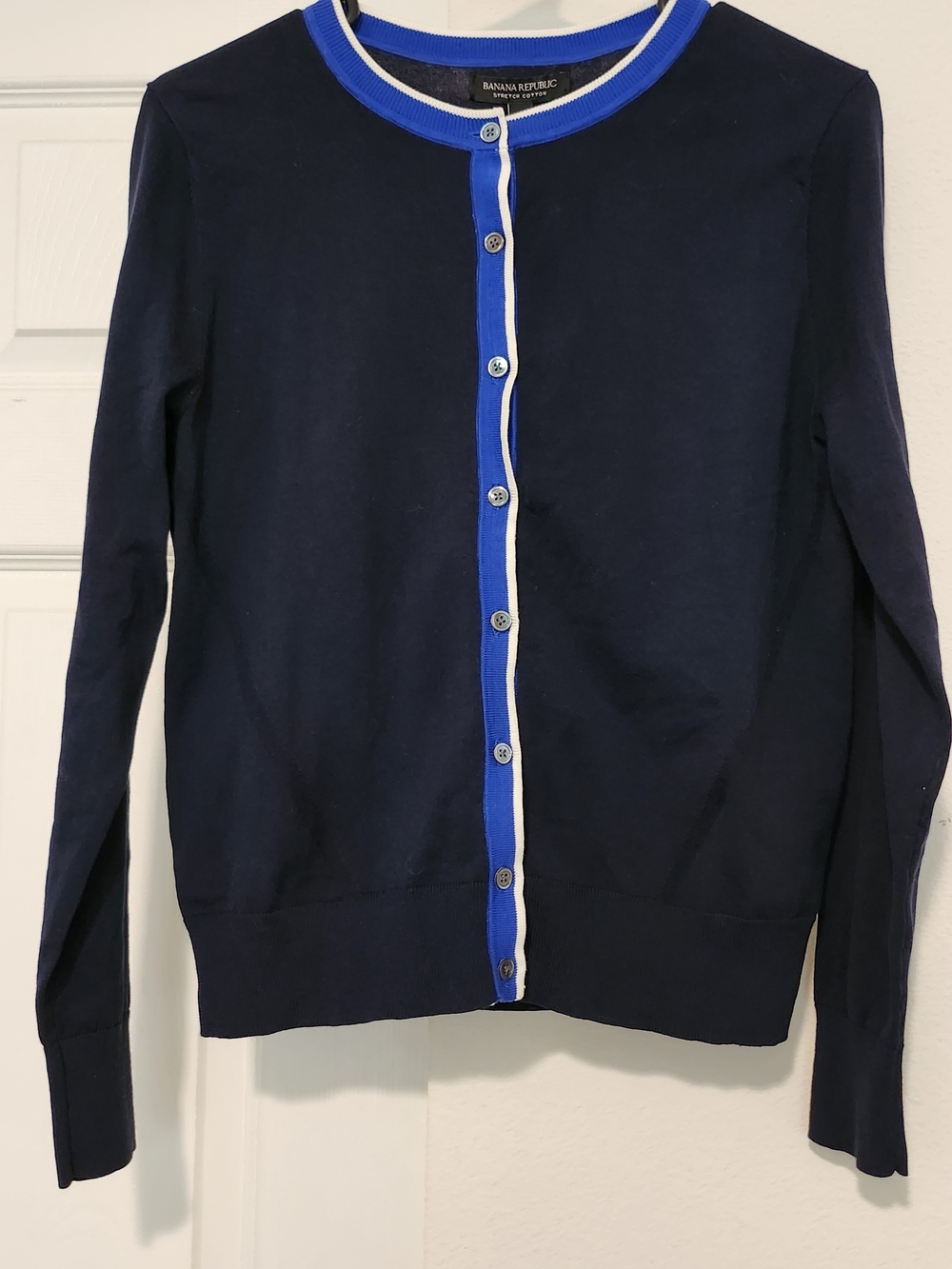 NWT Banana Republic Navy Blue Stretch Cotton Crewneck Cardigan Sweater Size S